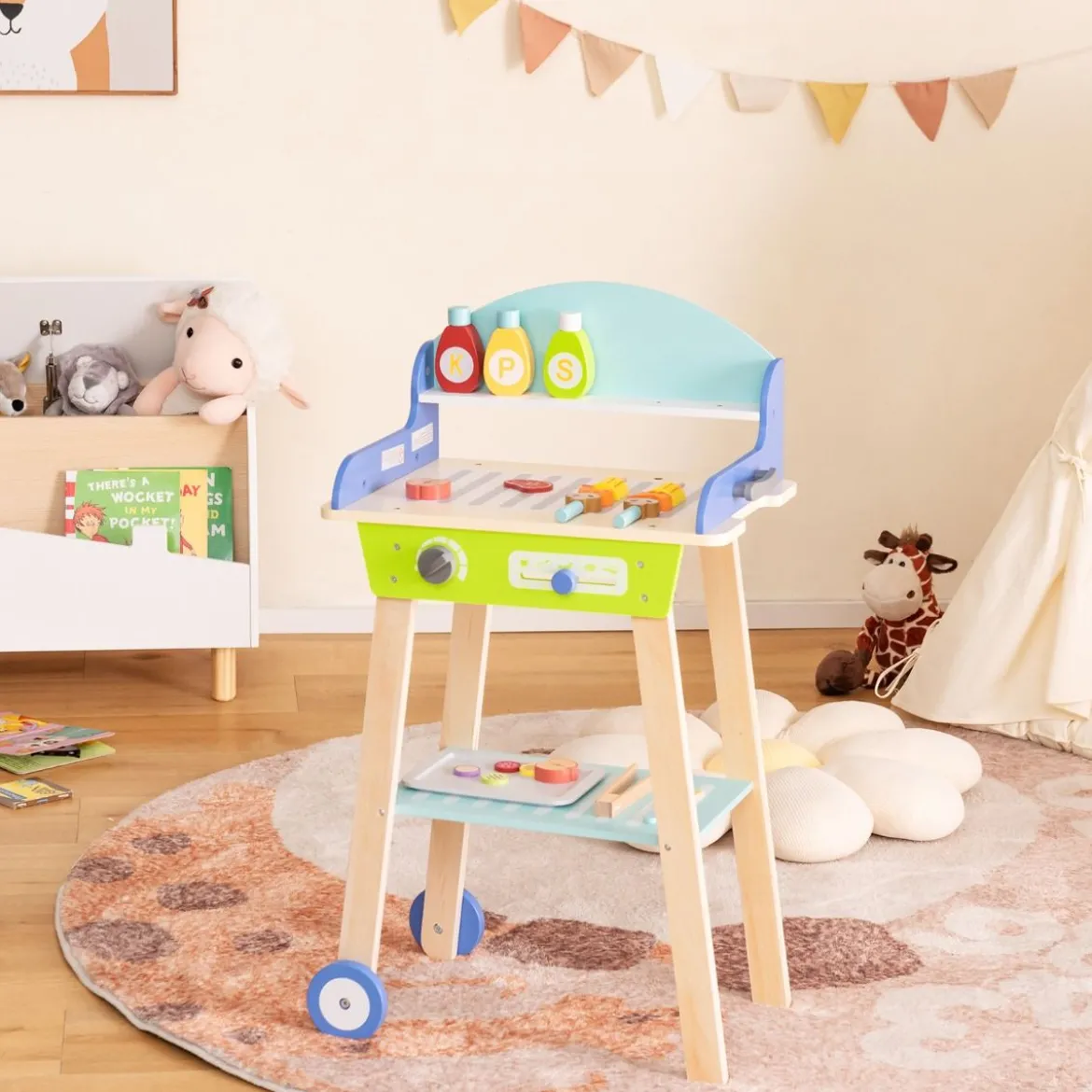 Spielzeug Grill Set aus Holz mit Schiebegriff & Räder & Zubehören Kinder Spielküche BBQ