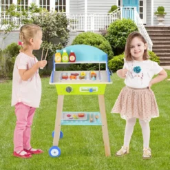Spielzeug Grill Set aus Holz mit Schiebegriff & Räder & Zubehören Kinder Spielküche BBQ