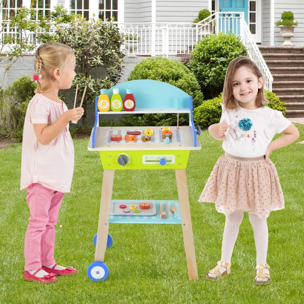 Spielzeug Grill Set aus Holz mit Schiebegriff & Räder & Zubehören Kinder Spielküche BBQ