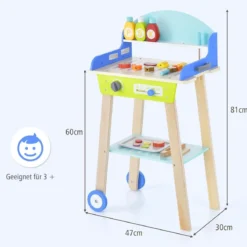 Spielzeug Grill Set aus Holz mit Schiebegriff & Räder & Zubehören Kinder Spielküche BBQ