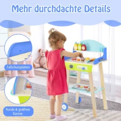 Spielzeug Grill Set aus Holz mit Schiebegriff & Räder & Zubehören Kinder Spielküche BBQ