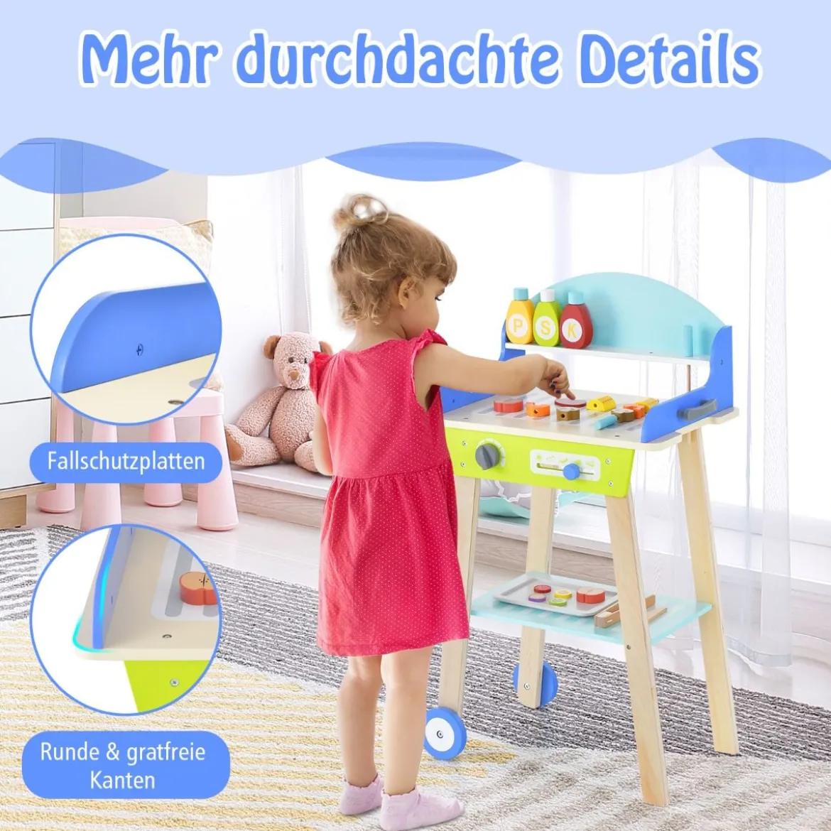 Spielzeug Grill Set aus Holz mit Schiebegriff & Räder & Zubehören Kinder Spielküche BBQ