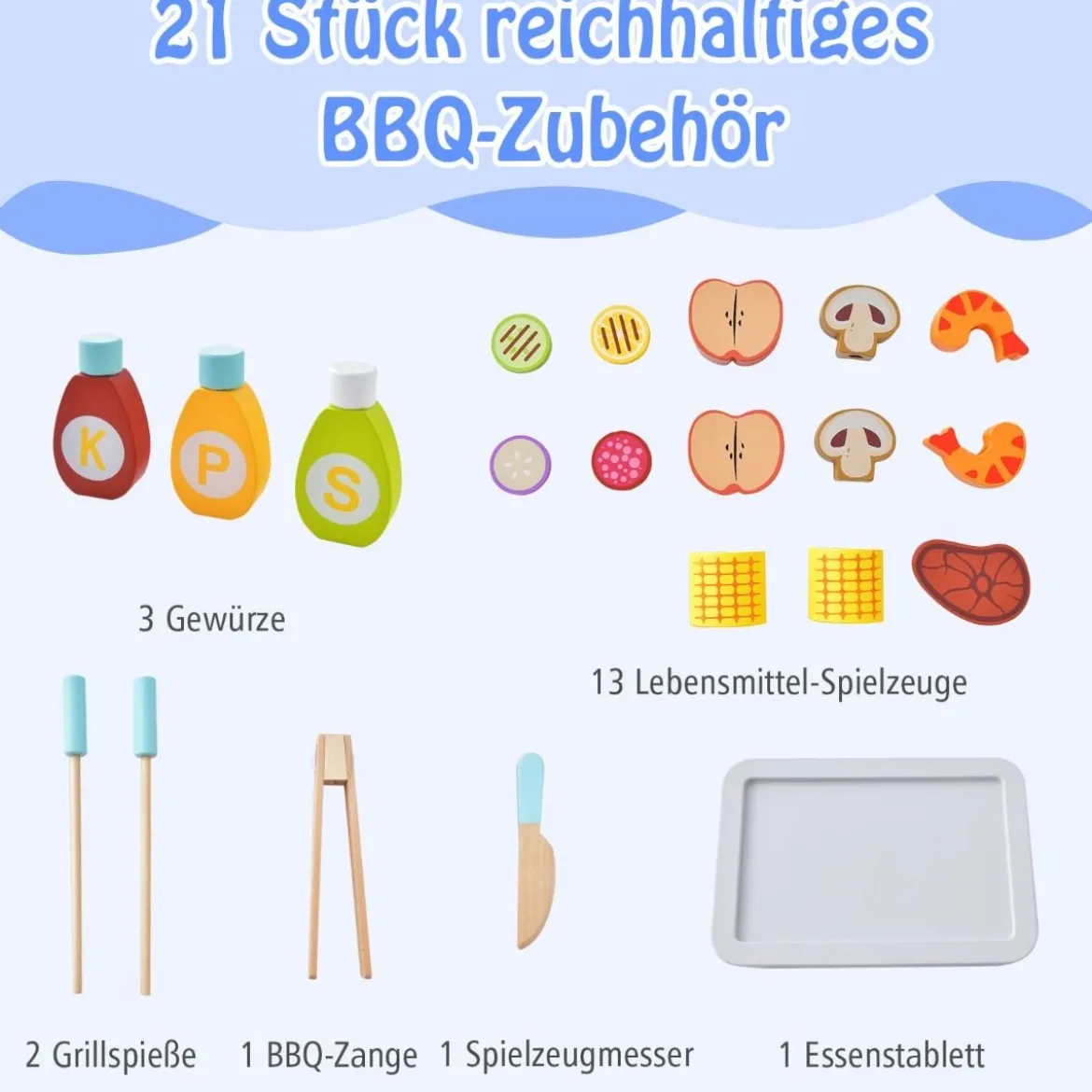 Spielzeug Grill Set aus Holz mit Schiebegriff & Räder & Zubehören Kinder Spielküche BBQ