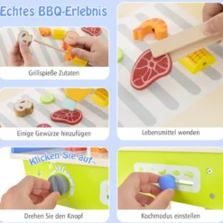 Spielzeug Grill Set aus Holz mit Schiebegriff & Räder & Zubehören Kinder Spielküche BBQ