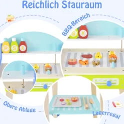Spielzeug Grill Set aus Holz mit Schiebegriff & Räder & Zubehören Kinder Spielküche BBQ
