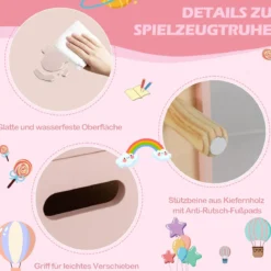 Spielzeugkiste aus Holz mit Regal Spielzeugtruhe mit Klappdeckel 60 x 30 x 44 cm Rosa
