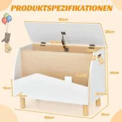 Spielzeugkiste aus Holz mit Regal Spielzeugtruhe mit Klappdeckel 60 x 30 x 44 cm Weiß