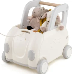 Spielzeugkiste Kinder Laufwagen mit Griff Zugseil Klappsitz & Räder Spielzeugkiste für Reiten Gehen & Ziehen Weiß