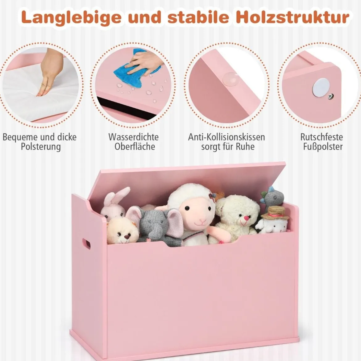 Spielzeugkiste mit Deckel 2 in 1 Spielzeugtruhe mit Kissen Spielzeugschrank aus Holz mit Tragegriffen Rosa/Weiß