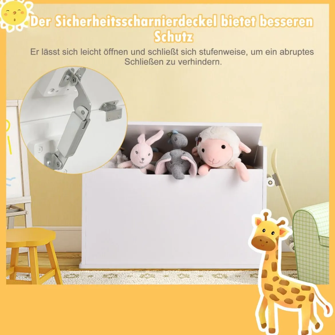 Spielzeugkiste mit Deckel 2 in 1 Spielzeugtruhe mit Kissen Spielzeugschrank aus Holz mit Tragegriffen Rosa/Weiß