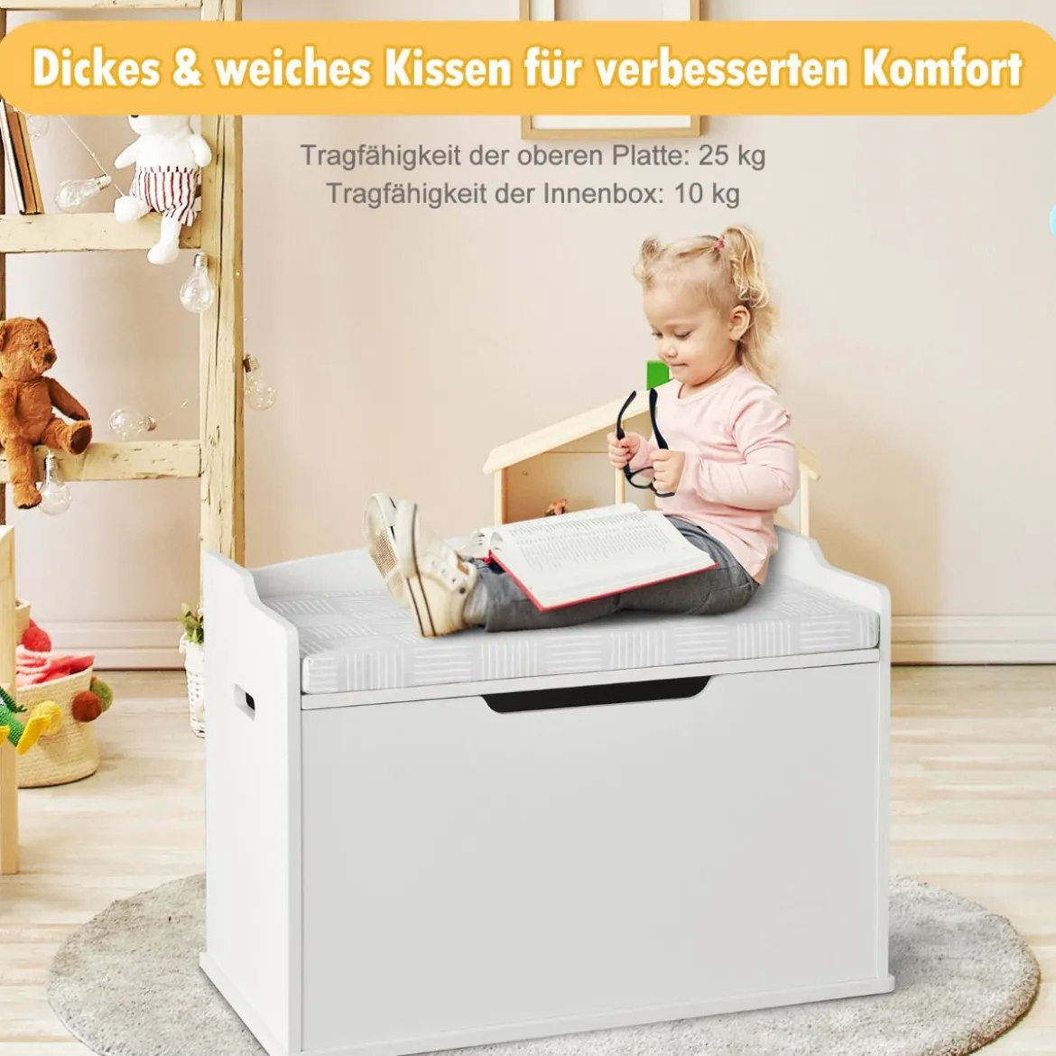 Spielzeugkiste mit Deckel 2 in 1 Spielzeugtruhe mit Kissen Spielzeugschrank aus Holz mit Tragegriffen Rosa/Weiß