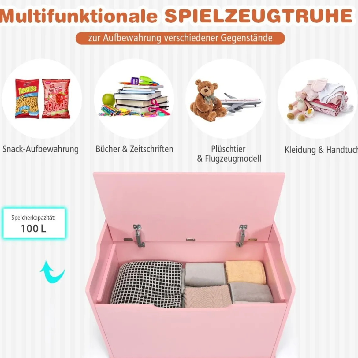 Spielzeugkiste mit Deckel 2 in 1 Spielzeugtruhe mit Kissen Spielzeugschrank aus Holz mit Tragegriffen Rosa/Weiß