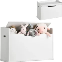 Spielzeugkiste mit Deckel 2 in 1 Spielzeugtruhe mit Kissen Spielzeugschrank aus Holz mit Tragegriffen Rosa/Weiß