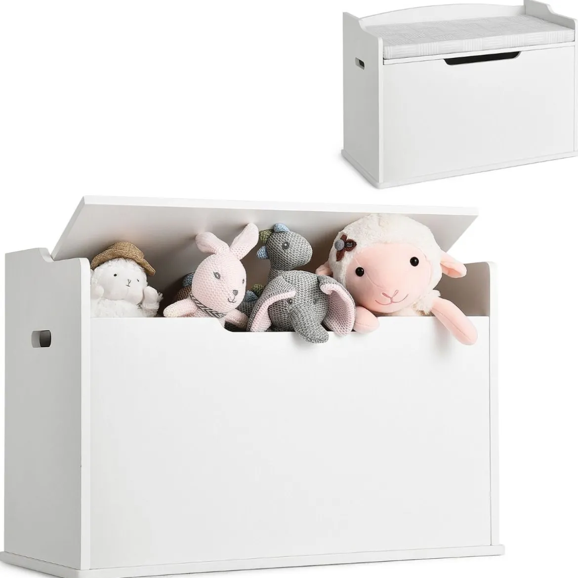 Spielzeugkiste mit Deckel 2 in 1 Spielzeugtruhe mit Kissen Spielzeugschrank aus Holz mit Tragegriffen Rosa/Weiß