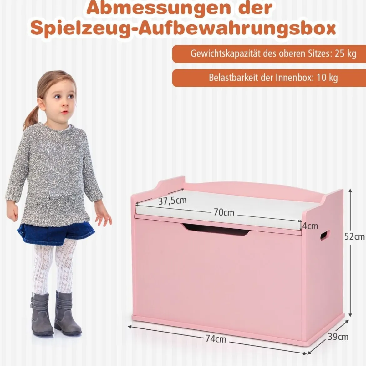Spielzeugkiste mit Deckel 2 in 1 Spielzeugtruhe mit Kissen Spielzeugschrank aus Holz mit Tragegriffen Rosa/Weiß
