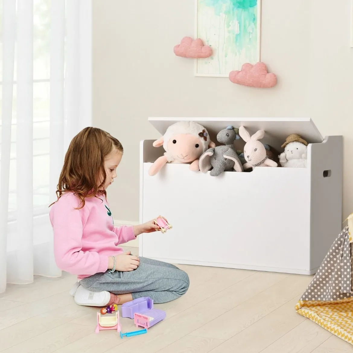Spielzeugkiste mit Deckel 2 in 1 Spielzeugtruhe mit Kissen Spielzeugschrank aus Holz mit Tragegriffen Rosa/Weiß