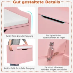 Spielzeugkiste mit Deckel 2 in 1 Spielzeugtruhe mit Kissen Spielzeugschrank aus Holz mit Tragegriffen Rosa/Weiß