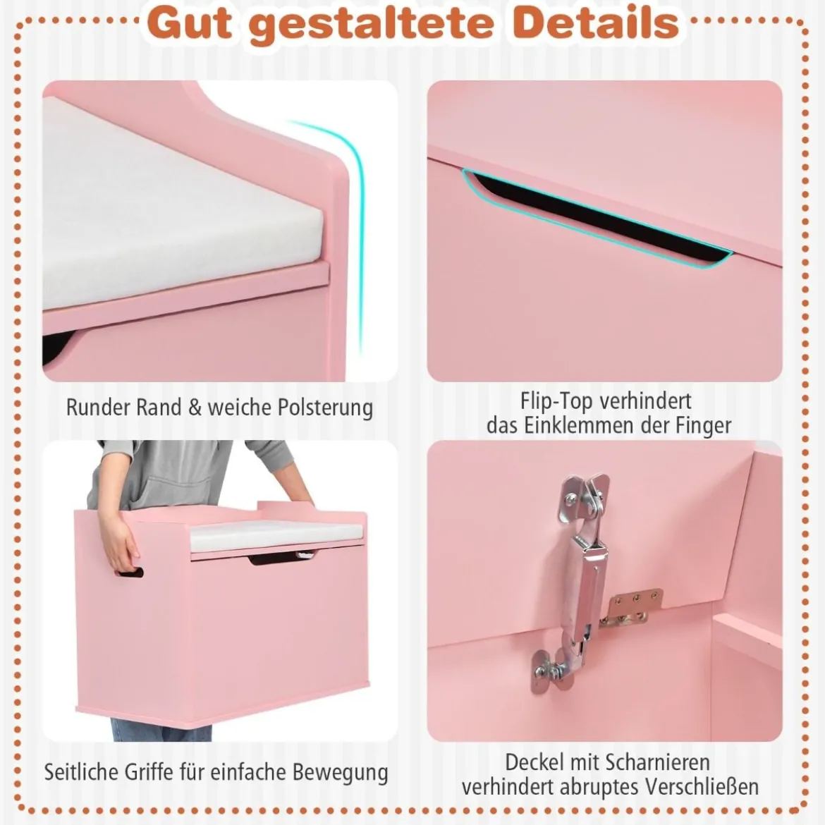 Spielzeugkiste mit Deckel 2 in 1 Spielzeugtruhe mit Kissen Spielzeugschrank aus Holz mit Tragegriffen Rosa/Weiß
