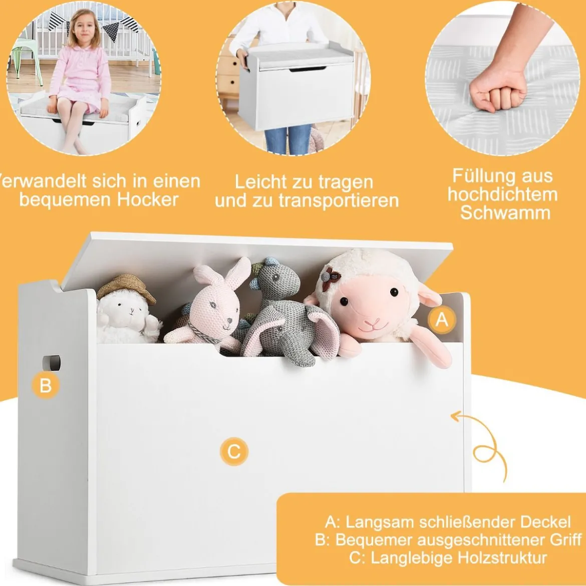 Spielzeugkiste mit Deckel 2 in 1 Spielzeugtruhe mit Kissen Spielzeugschrank aus Holz mit Tragegriffen Rosa/Weiß
