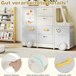 Spielzeugregal Auto Kinderregal in Busform mit Whiteboard 4 Schubladen & Schränken 111 x 34 x 94 cm