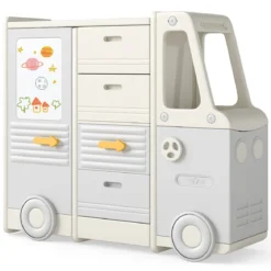 Spielzeugregal Auto Kinderregal in Busform mit Whiteboard 4 Schubladen & Schränken 111 x 34 x 94 cm