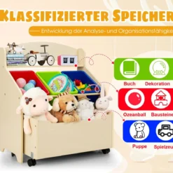 SpielzeugregalHölzerner Kinderschrank mit Rollen Bücherregal Spielzeugablage für Kinder Natur