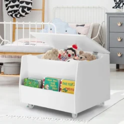 Spielzeugtruhe für Kinder Kindertruhe Holz mit Bücherregal & Deckel 60 x 48 x 46,5 cm Weiß