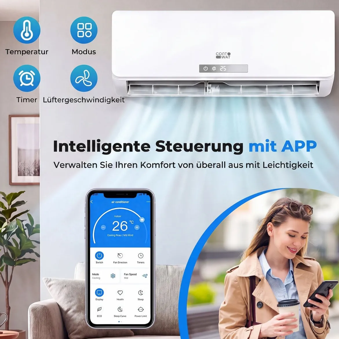 Split Klimaanlage 18000 BTU 3,4kW Inverter Klimagerät mit Heizfunktion Air Conditioner mit WiFi & App