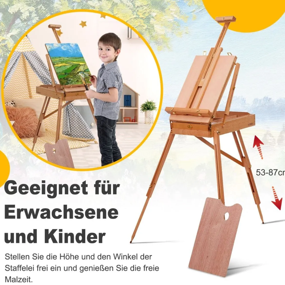 Staffelei mit Ablage und Schublade Künstlerstaffelei Buchenholz tragbar 71 x 114 x 183 cm Natur