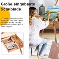 Staffelei mit Ablage und Schublade Künstlerstaffelei Buchenholz tragbar 71 x 114 x 183 cm Natur