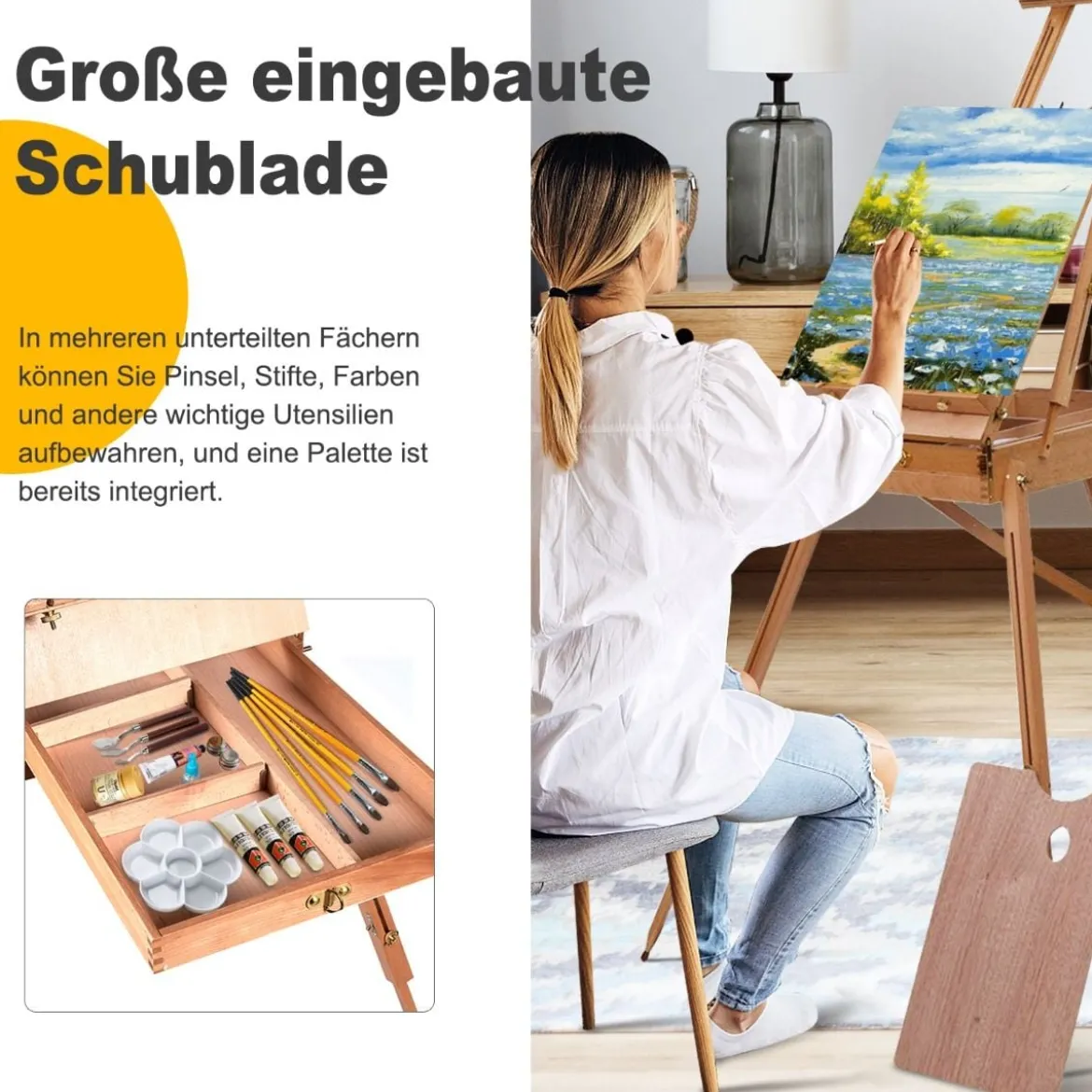 Staffelei mit Ablage und Schublade Künstlerstaffelei Buchenholz tragbar 71 x 114 x 183 cm Natur