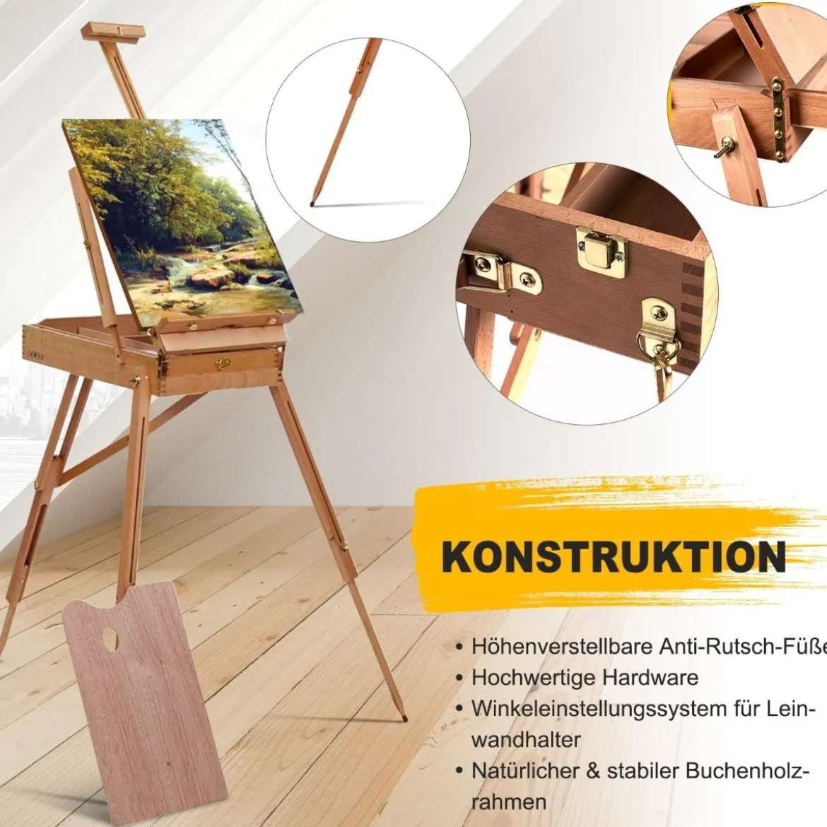 Staffelei mit Ablage und Schublade Künstlerstaffelei Buchenholz tragbar 71 x 114 x 183 cm Natur