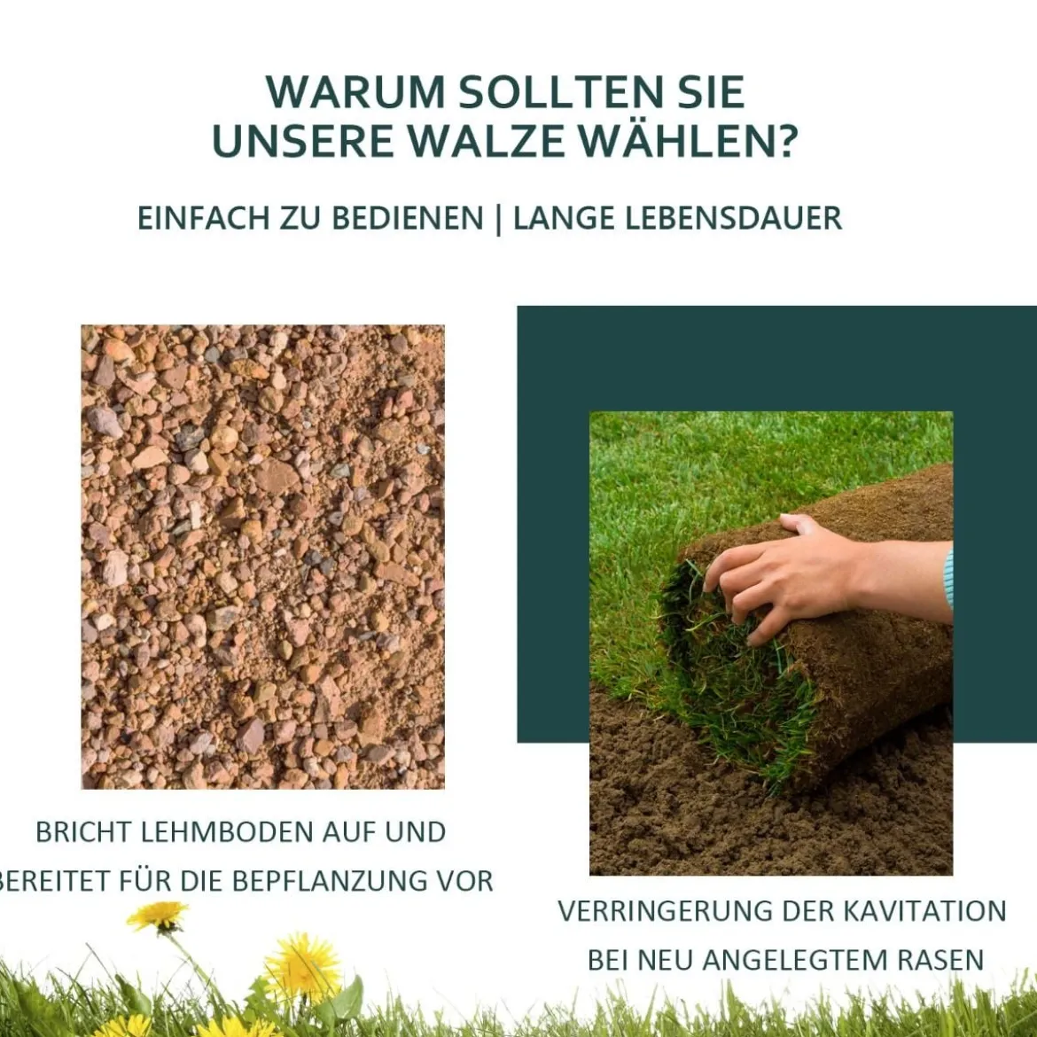 Stahl Rasenroller mit Wasser und Sand Walze Rasenroller mit schwerer Walze Handwalze mit U-förmigem Griff Schwarz