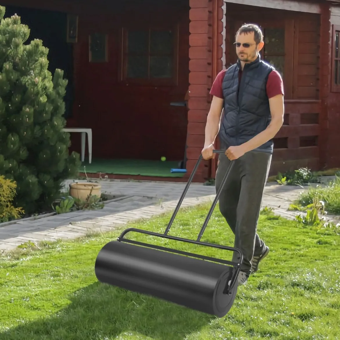 Stahl Rasenroller mit Wasser und Sand Walze Rasenroller mit schwerer Walze Handwalze mit U-förmigem Griff Schwarz