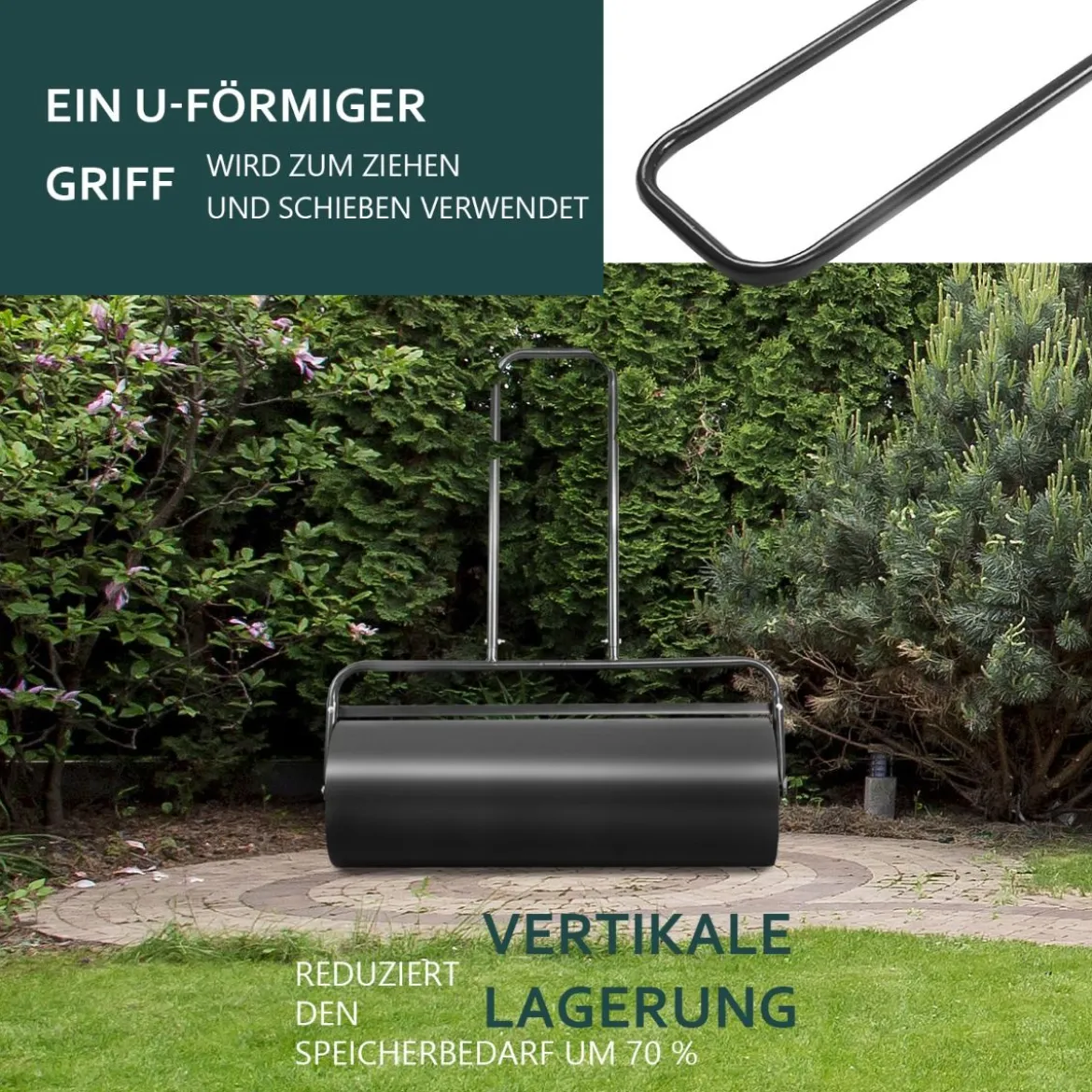Stahl Rasenroller mit Wasser und Sand Walze Rasenroller mit schwerer Walze Handwalze mit U-förmigem Griff Schwarz