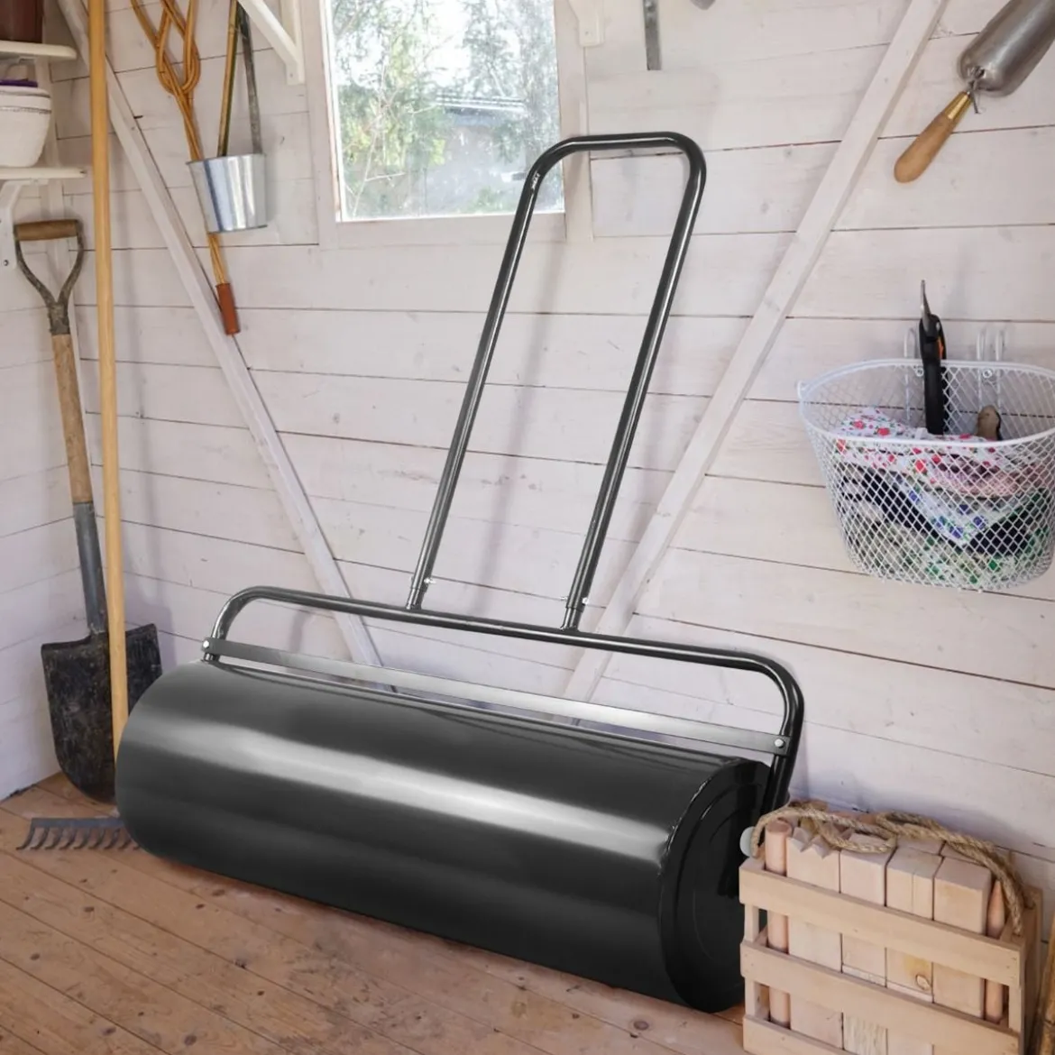 Stahl Rasenroller mit Wasser und Sand Walze Rasenroller mit schwerer Walze Handwalze mit U-förmigem Griff Schwarz