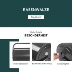 Stahl Rasenroller mit Wasser und Sand Walze Rasenroller mit schwerer Walze Handwalze mit U-förmigem Griff Schwarz