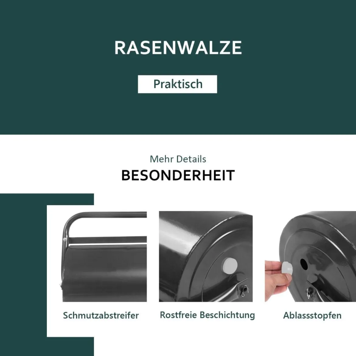 Stahl Rasenroller mit Wasser und Sand Walze Rasenroller mit schwerer Walze Handwalze mit U-förmigem Griff Schwarz