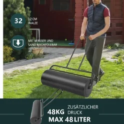 Stahl Rasenroller mit Wasser und Sand Walze Rasenroller mit schwerer Walze Handwalze mit U-förmigem Griff Schwarz