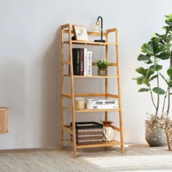 Standregal mit 4 Ebenen Leiterregal aus Bambus Bücherregal Pflanzenregal Balkonregal 48 x 32 x 115 cm Natur