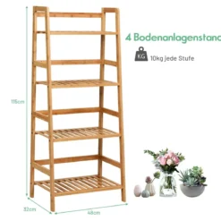 Standregal mit 4 Ebenen Leiterregal aus Bambus Bücherregal Pflanzenregal Balkonregal 48 x 32 x 115 cm Natur