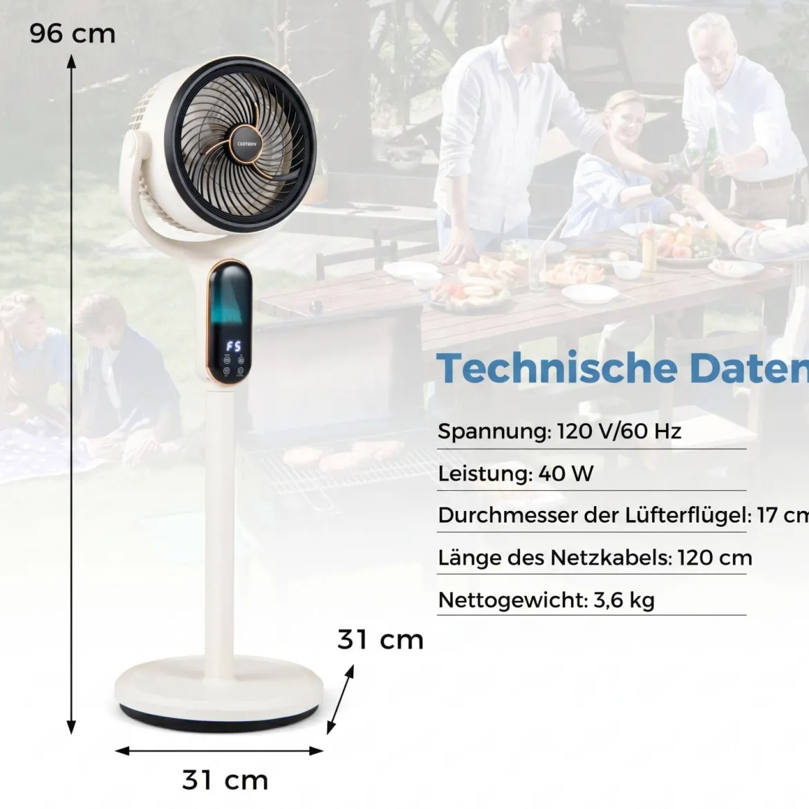 Standventilator 54-96 cm Höhenverstellbarer Ventilator mit 8 Stufen 12 Stunden Timer Weiß