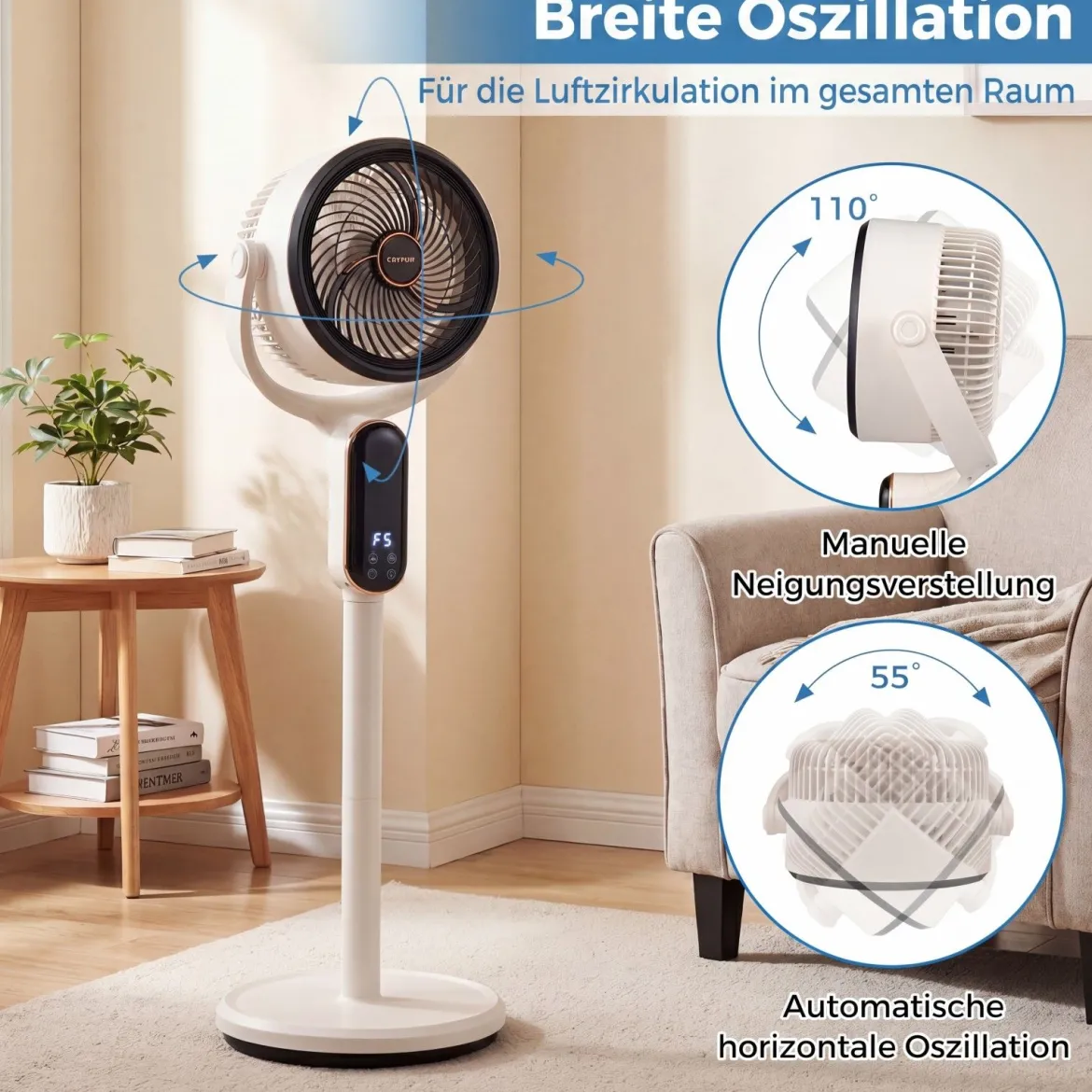 Standventilator 54-96 cm Höhenverstellbarer Ventilator mit 8 Stufen 12 Stunden Timer Weiß