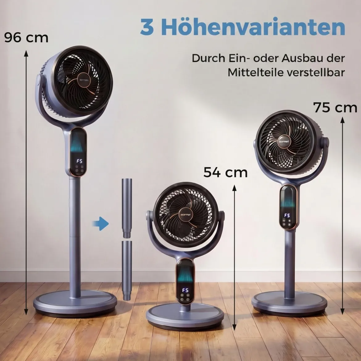 Standventilator 54-96 cm höhenverstellbarer Ventilator mit 8 Stufen 12 Stunden Timer Grau