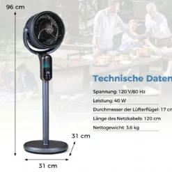 Standventilator 54-96 cm höhenverstellbarer Ventilator mit 8 Stufen 12 Stunden Timer Grau
