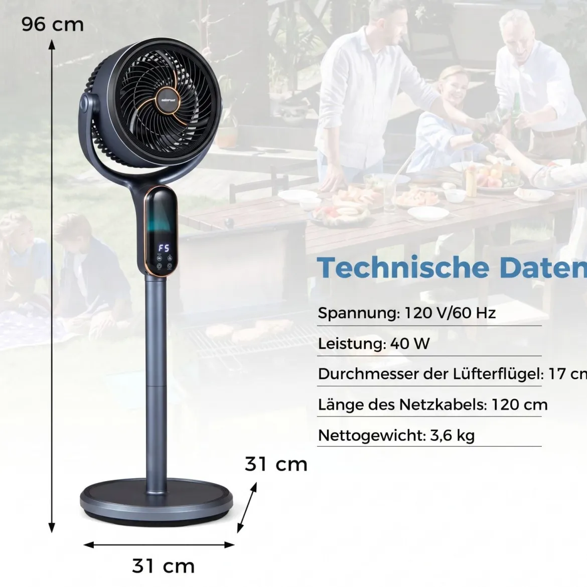 Standventilator 54-96 cm höhenverstellbarer Ventilator mit 8 Stufen 12 Stunden Timer Grau