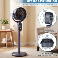 Standventilator 54-96 cm höhenverstellbarer Ventilator mit 8 Stufen 12 Stunden Timer Grau