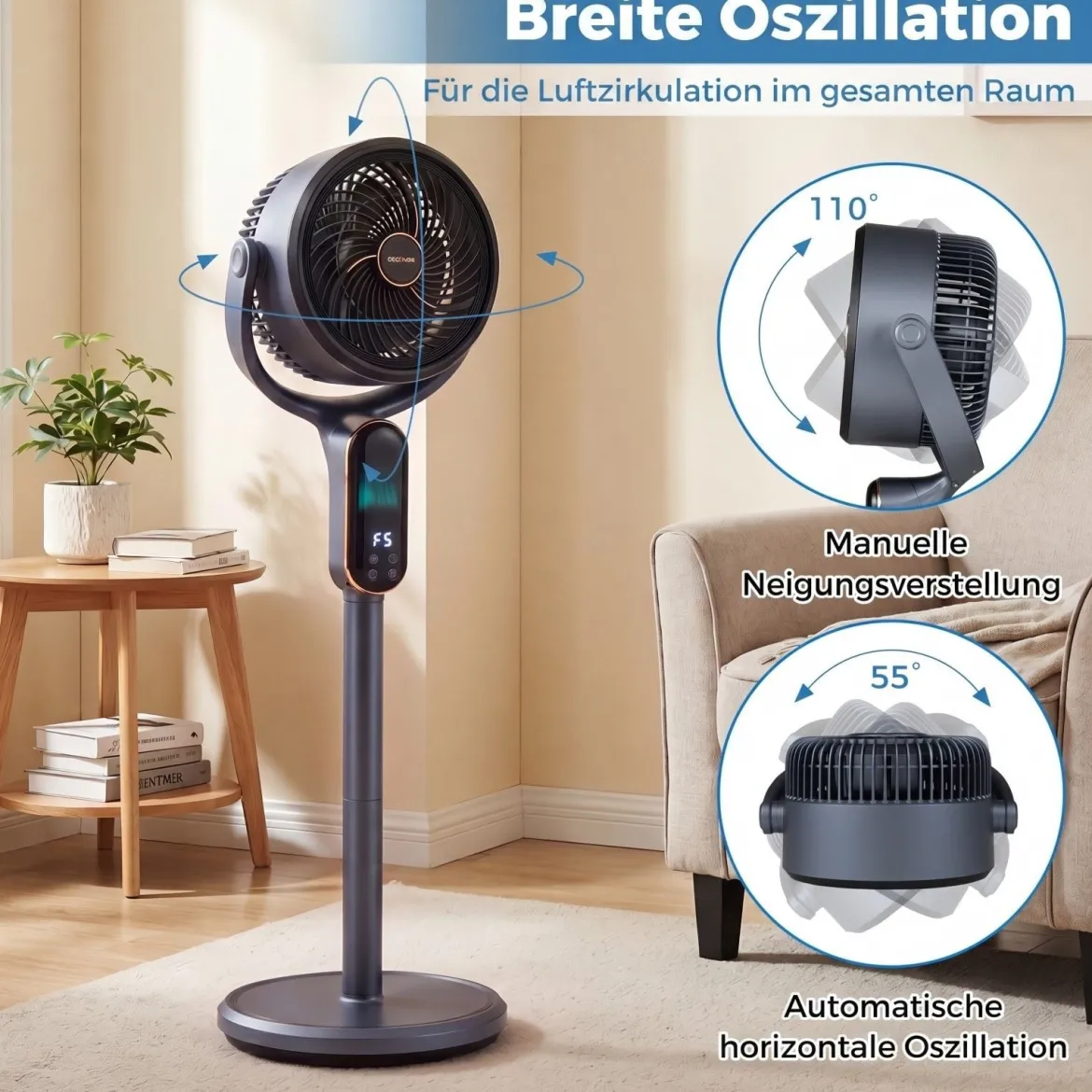 Standventilator 54-96 cm höhenverstellbarer Ventilator mit 8 Stufen 12 Stunden Timer Grau