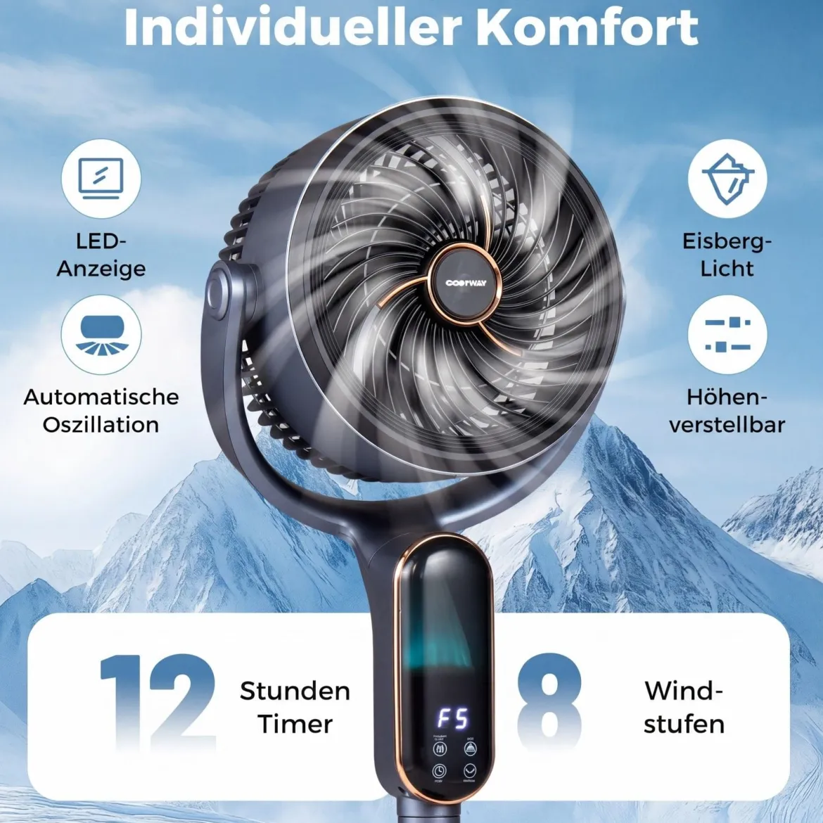 Standventilator 54-96 cm höhenverstellbarer Ventilator mit 8 Stufen 12 Stunden Timer Grau