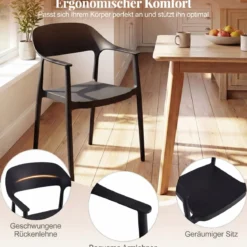 Stapelbare Esszimmerstühle bis 150 kg Belastbar Küchenstuhl aus Kunststoff Stapelstühle Schwarz